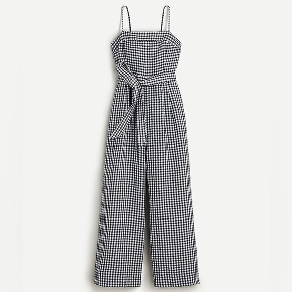 J Crew Tie Waist Linen Navy Gingham Jumpsuit 2 - Picture 1 of 8
